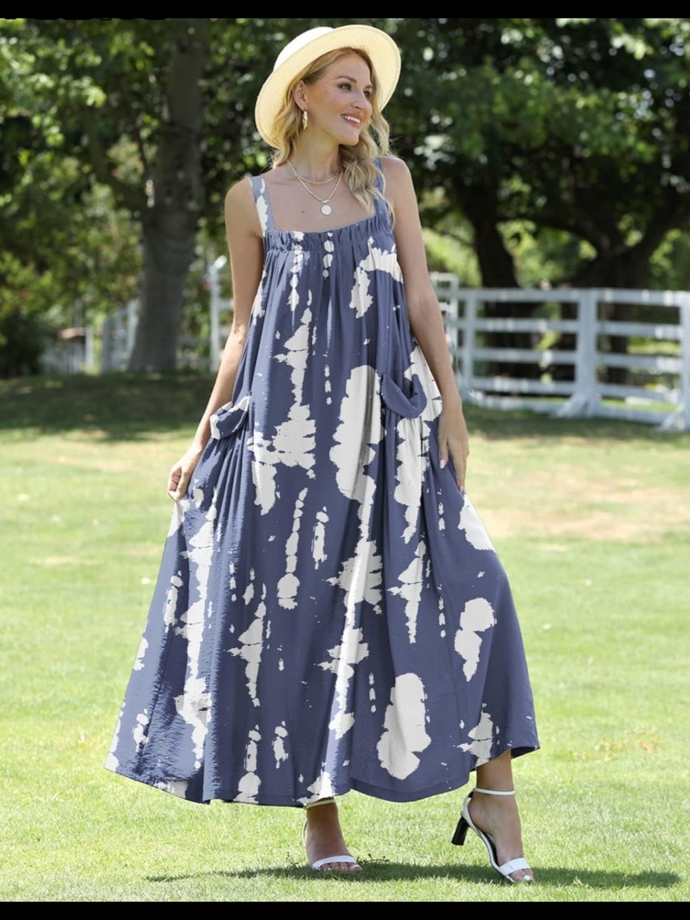 100% Cotton, Navy and White Tie-Dye Maxi Dress with Pockets